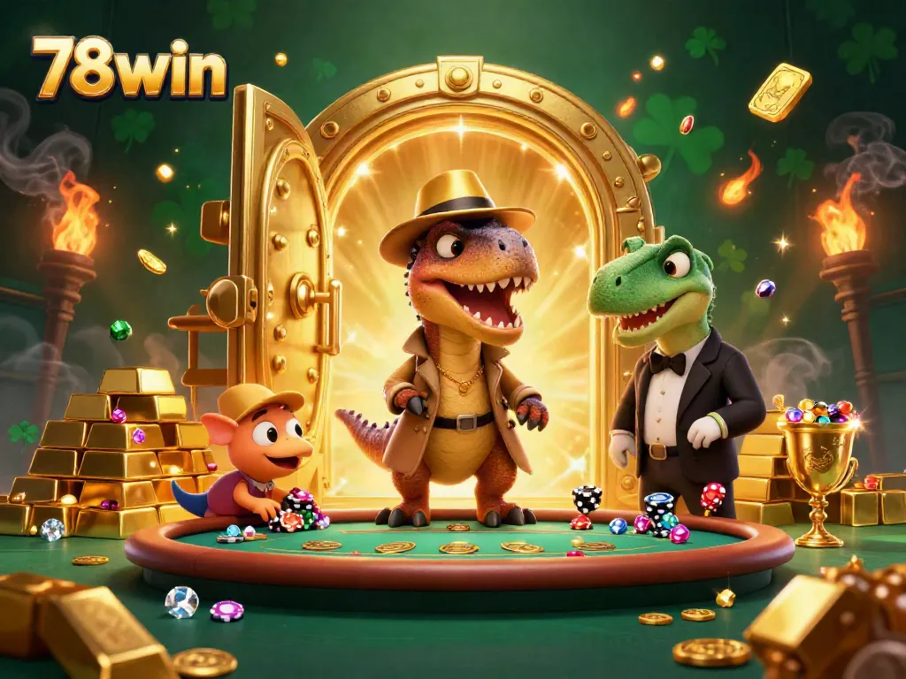 78win showcases a thrilling casino scene with vibrant characters and dynamic casino elements.