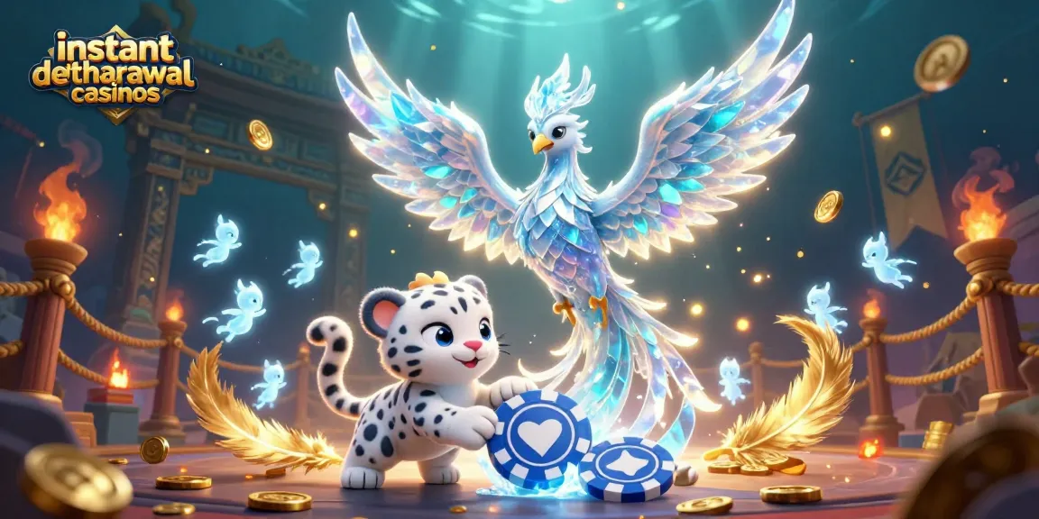 Experience instant withdrawal casinos with a vibrant 3D scene of an ice phoenix and playful snow leopard.