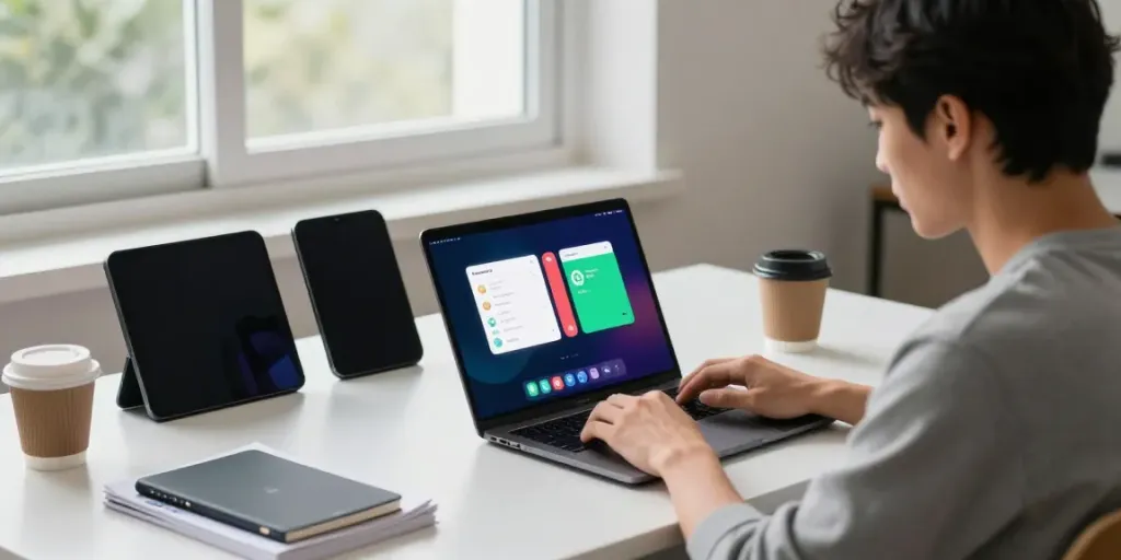 Person downloading whatsapp plus apk download on a laptop in a stylish workspace