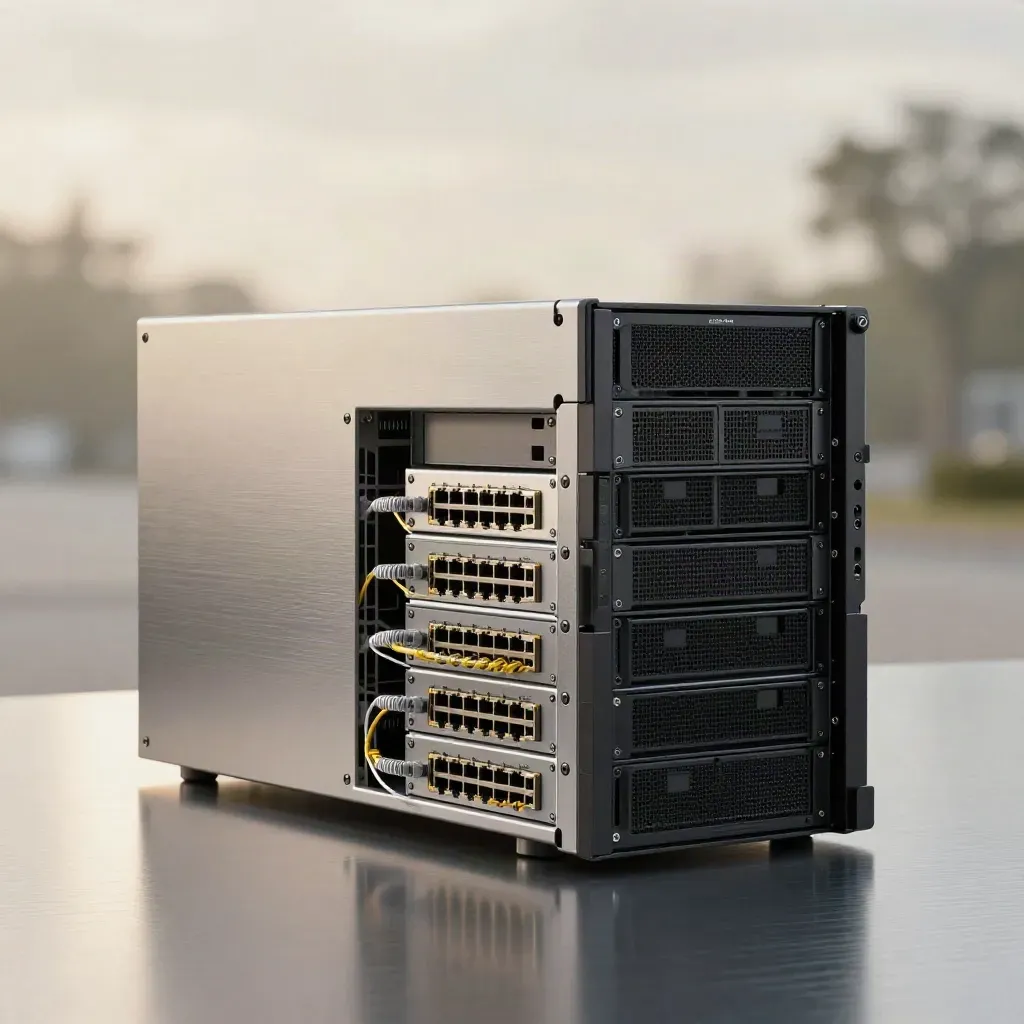 Rackmount server stack with open chassis, patch panel, and coiled leads on brushed aluminum.