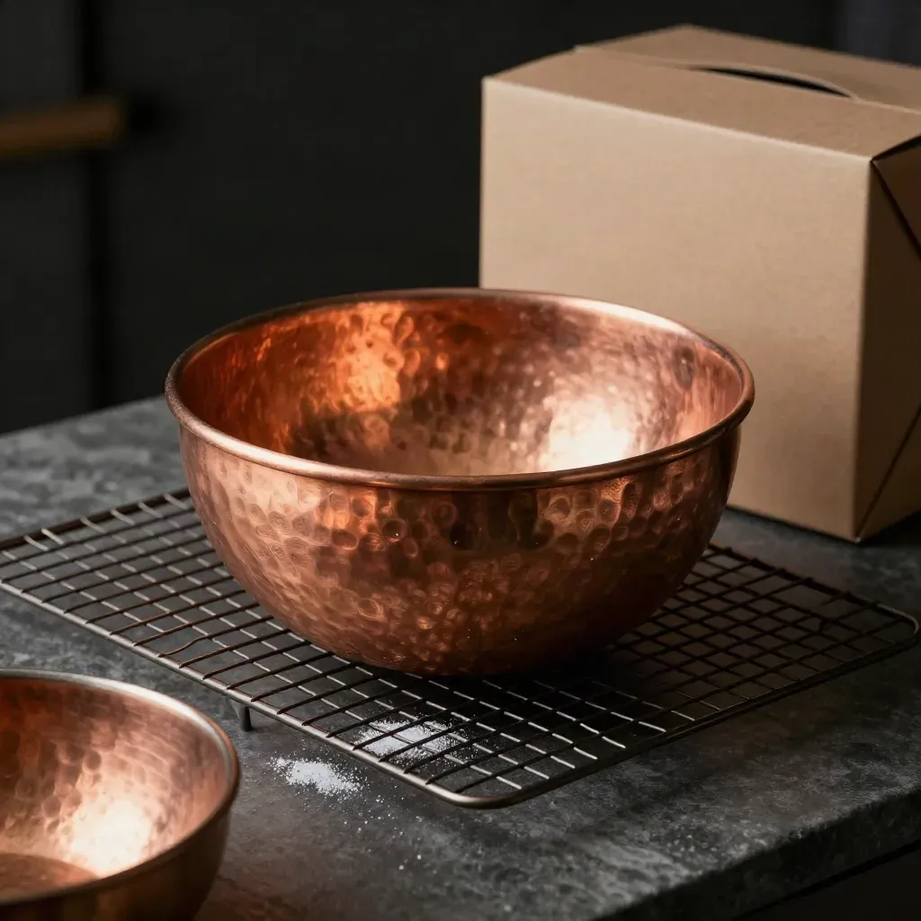 Copper bowl, cooling rack and pastry box on dark stone, lit warmly with soft bokeh.