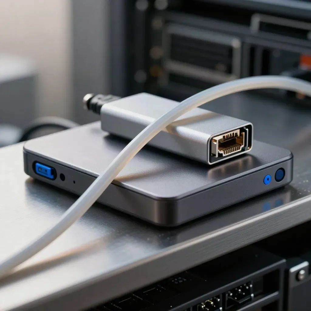 Portable SSD, ethernet adapter and patch cable clustered on brushed steel in soft macro light.