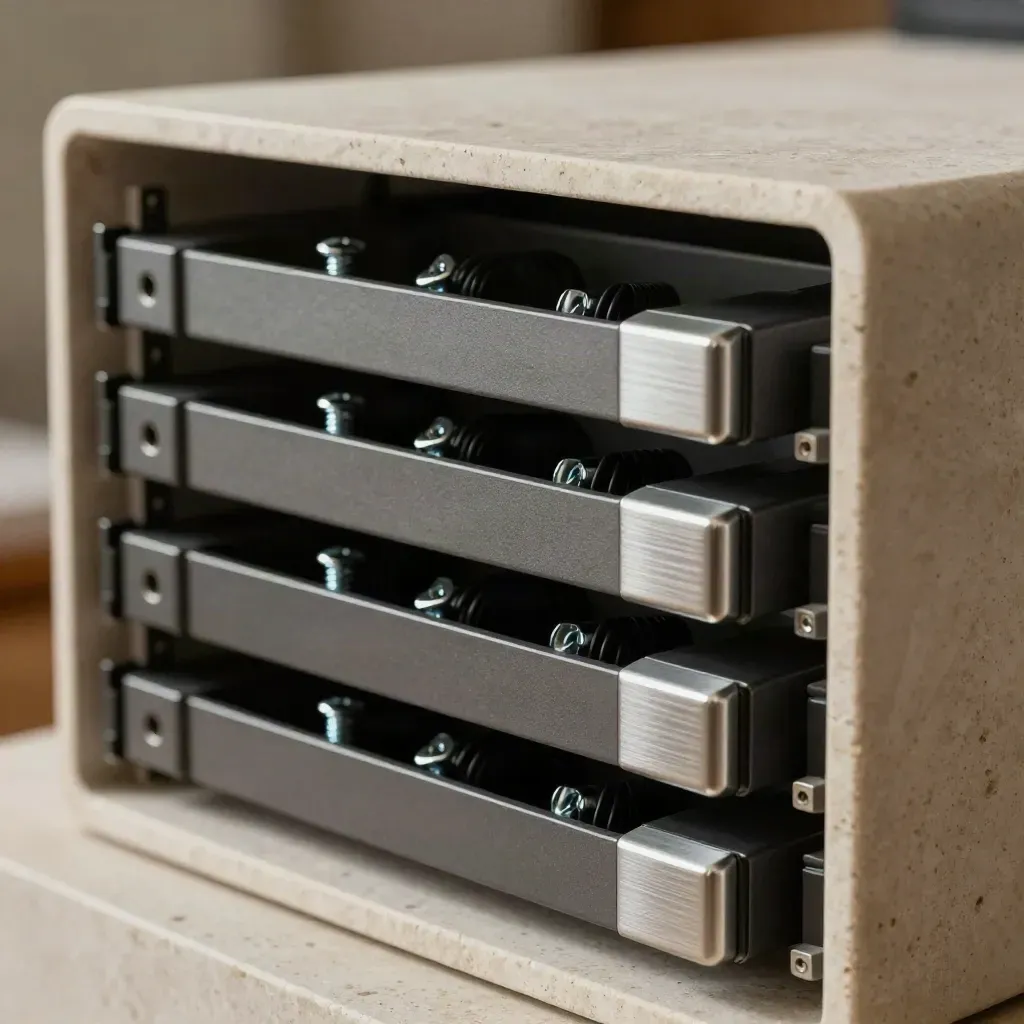Server drive caddies, cable ties, and rack fillers on pale stone in soft directional light.