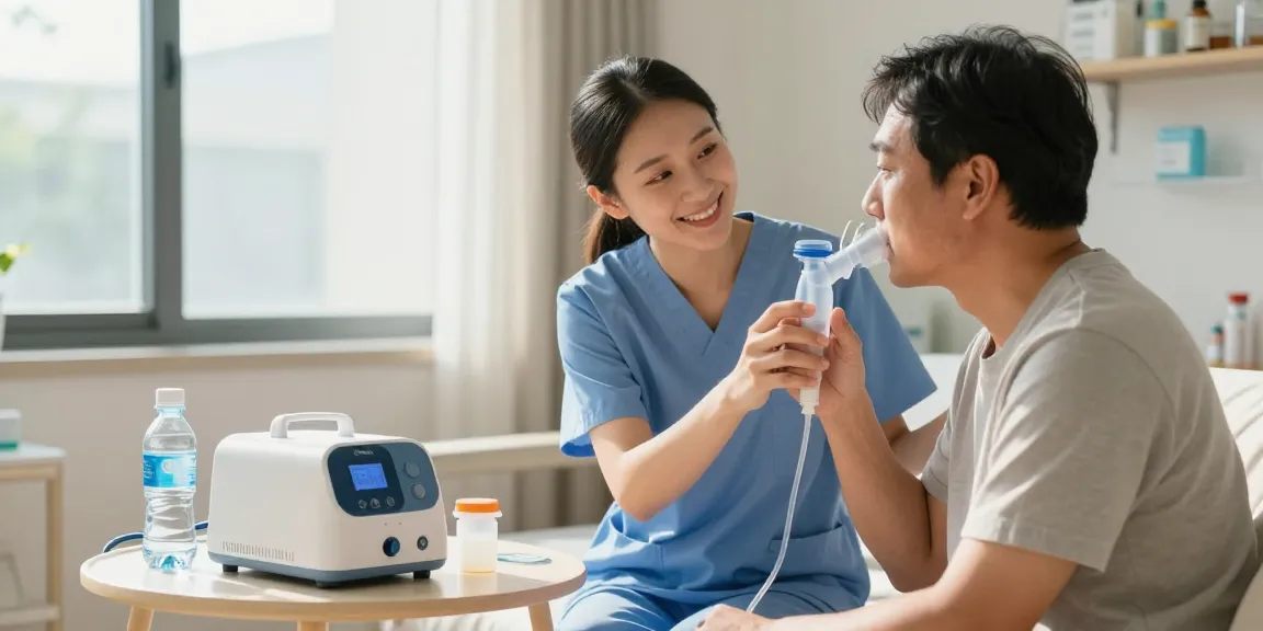 Patient using a nebulizer machine near me with caregiver support in a bright healthcare room.
