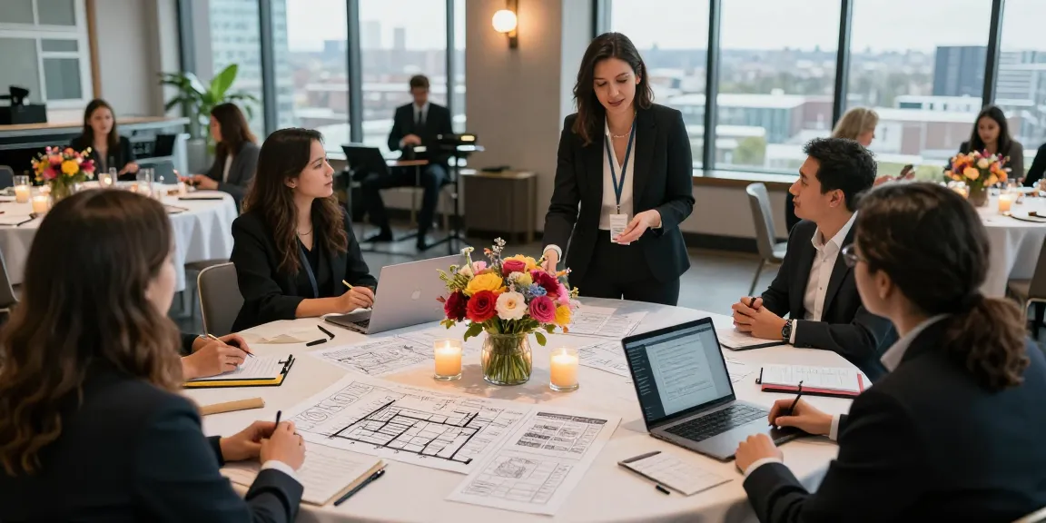 Engaging corporate event planning in Mississauga with planners discussing layouts and arrangement details.
