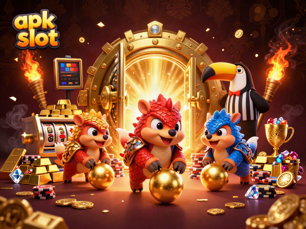 Experience thrilling apk slot gameplay with rival pangolins bowling through golden poker chips.