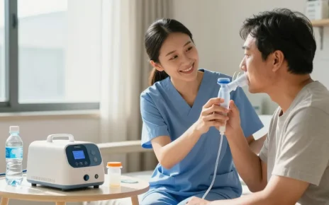 Patient using a nebulizer machine near me with caregiver support in a bright healthcare room.